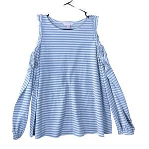LC Lauren Conrad Womens Shirt Blue White Striped Cold Shoulder Long Sleeve Small